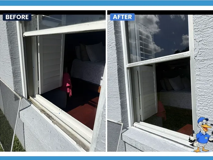 Before and after bedroom window cleaning, sun-hazy glass restored to clear
