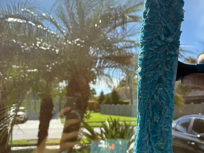 Close-up of the water-fed brush on glass reflecting Tampa palms