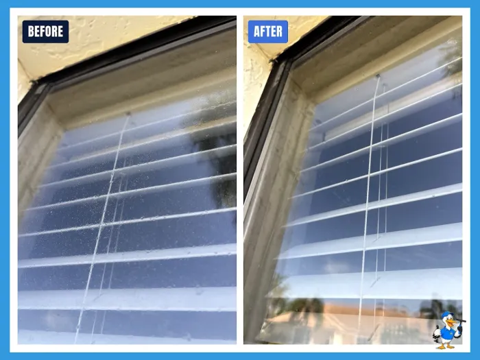Before and after corner window cleaning, hazy glass restored to clear