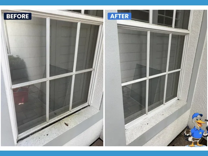 Before and after divided-light window cleaning, cloudy glass restored to clear