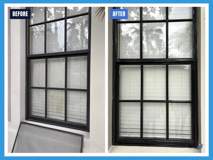 Before and after cleaning a black-framed divided-light window in Tampa