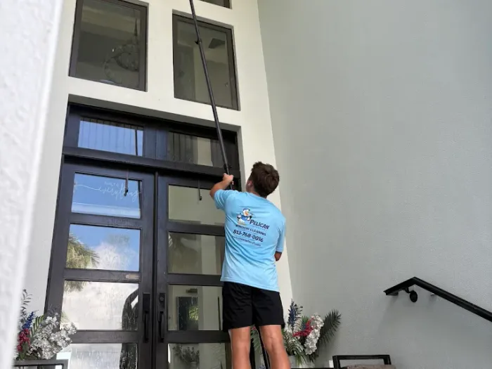 Cleaning tall entry doors and transom glass at a Tampa estate