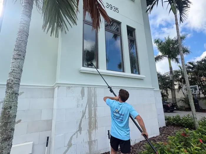 Water-fed pole reaching third-story glass on a Tampa estate