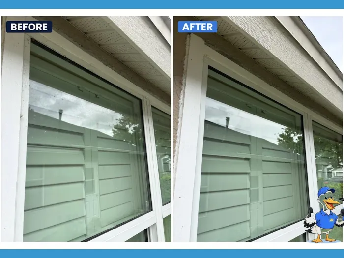 Before and after hard water haze removed from an upper window pane