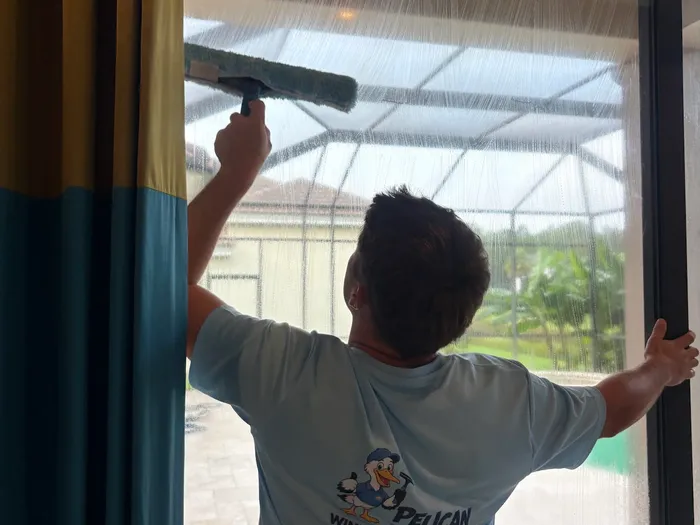 Squeegeeing the inside of a sliding glass door at a Tampa home