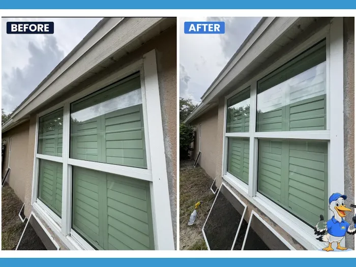 Before and after exterior window cleaning with screens removed
