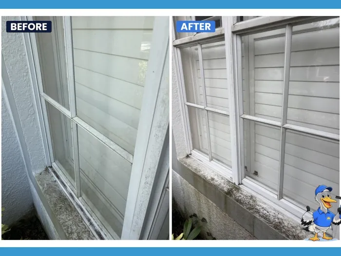 Before and after window sill and track cleaning, mildew and grime removed