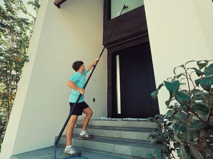 Technician cleaning two-story entry glass from the front steps of a Tampa home