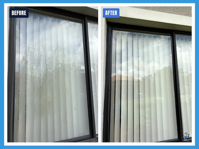 Before and after cleaning a sliding window with vertical blinds in Tampa