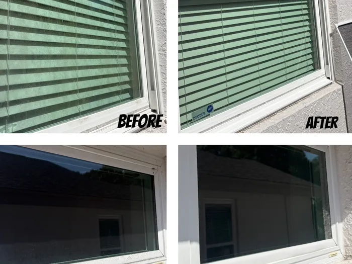 Before and after window cleaning montage, two windows